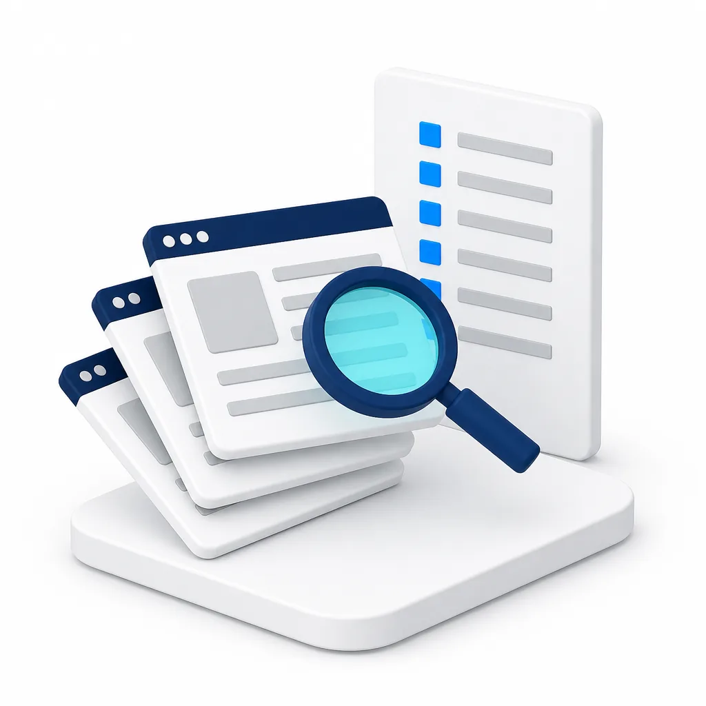 Pages web, loupe et tableau de bord d'indexation